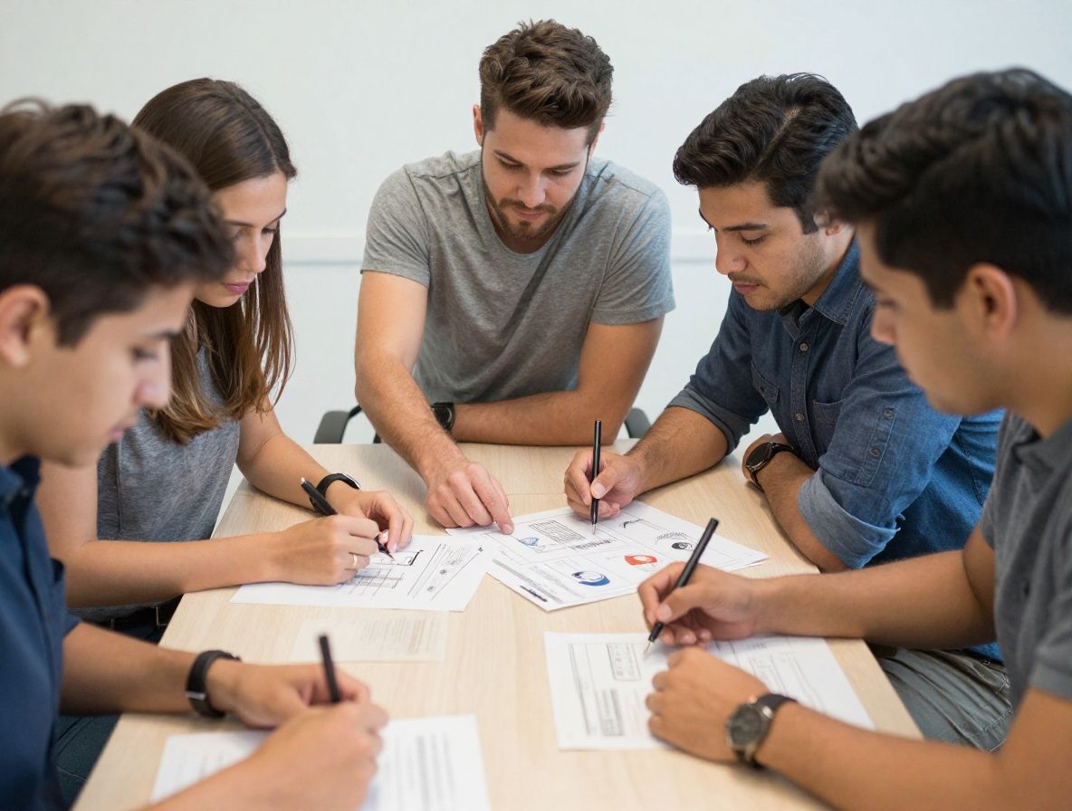 Grupo de personas adultas de distintas edades reunidas alrededor de mesa iluminada discutiendo documentos con esquemas visuales claros
