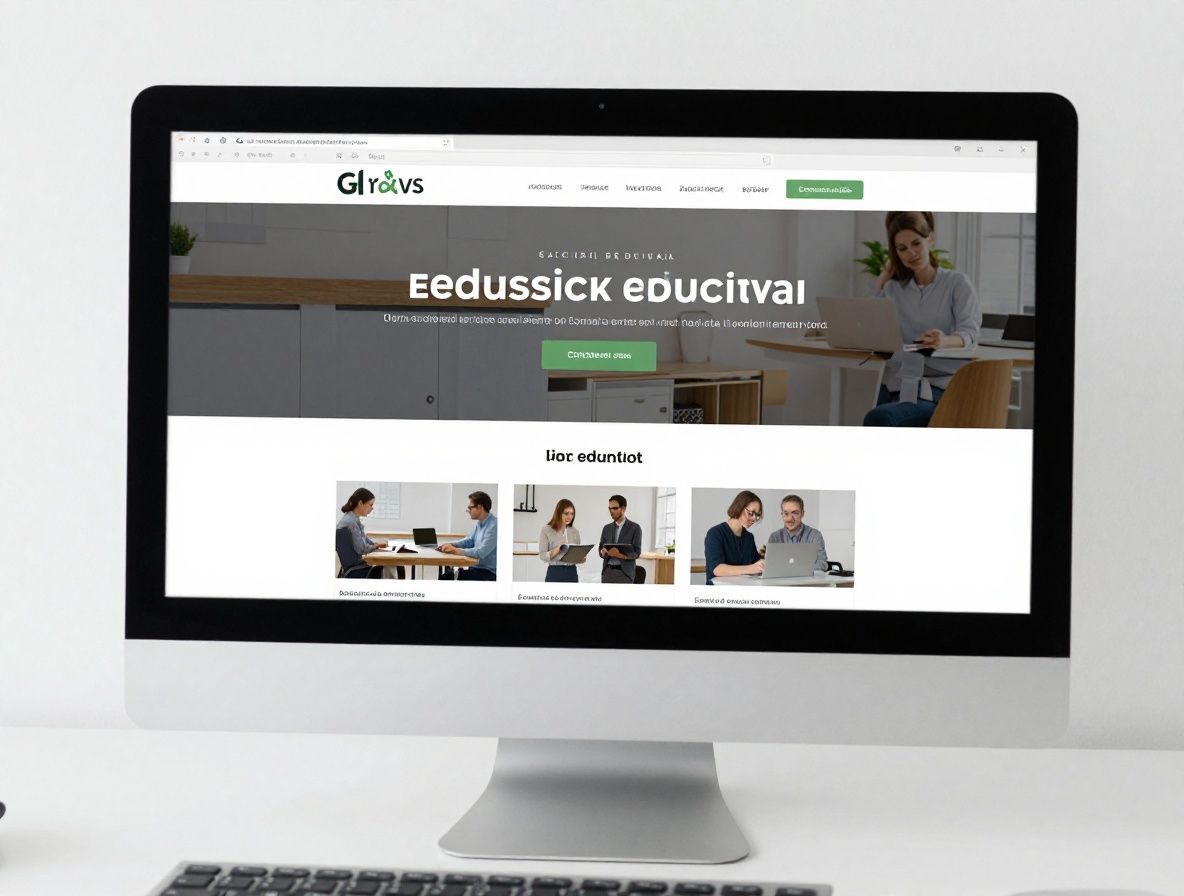 Pantalla de ordenador mostrando wireframes limpios de sitio web educativo con bloques de contenido bien organizados sobre fondo blanco