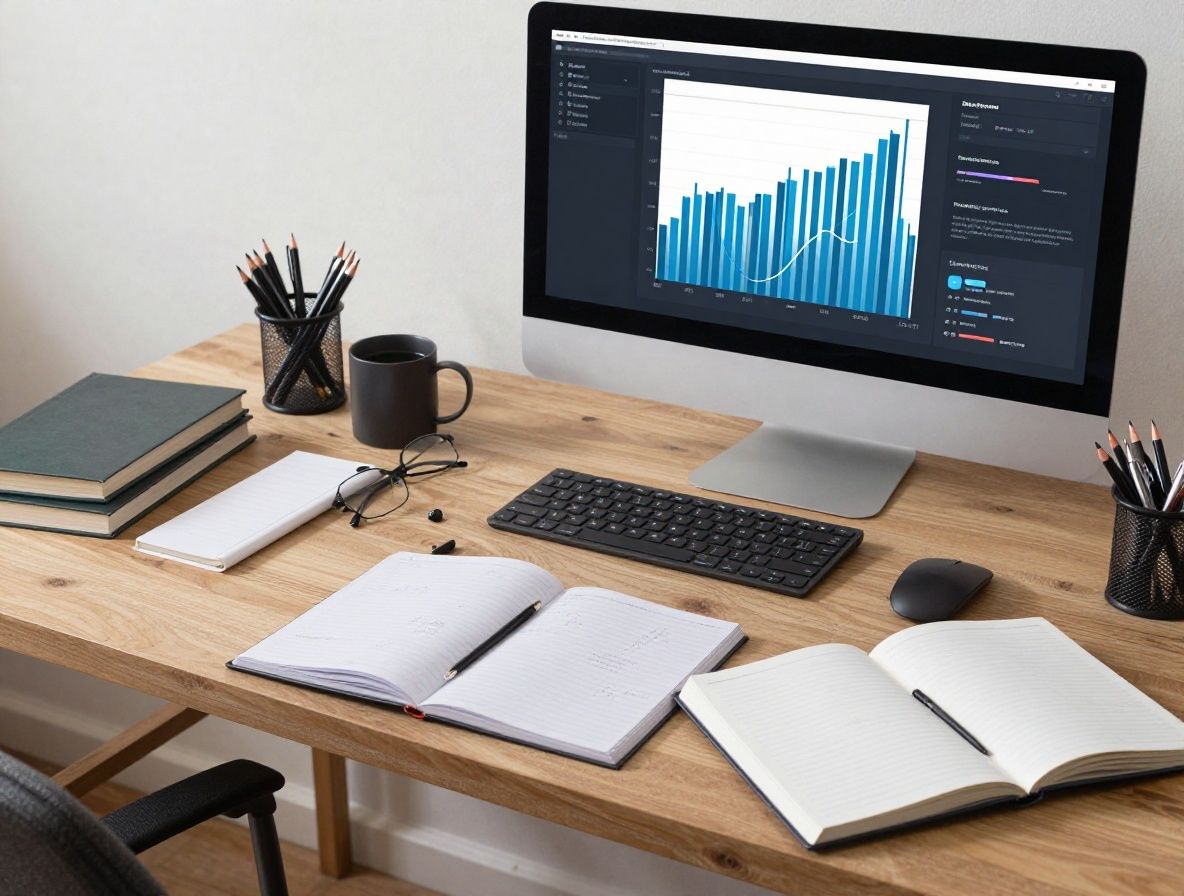 Vista superior de escritorio con cuadernos de notas, lápices y tablet mostrando gráficos abstractos de flujo de información en estudio bien organizado