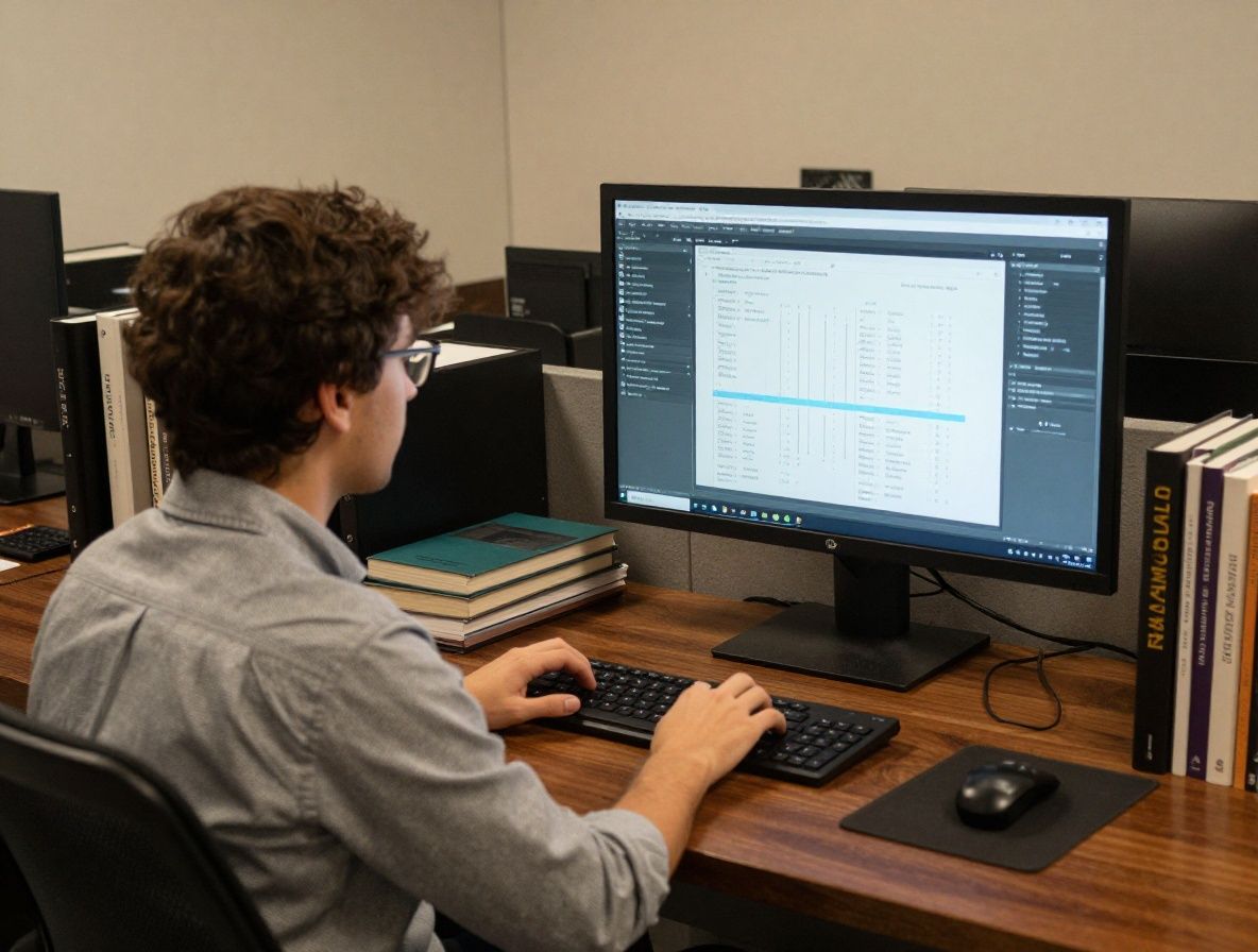 Espacio de trabajo académico iluminado con luz cálida y focalizada, libros y pantalla con visualizaciones de datos estructuradas sobre escritorio de madera oscura